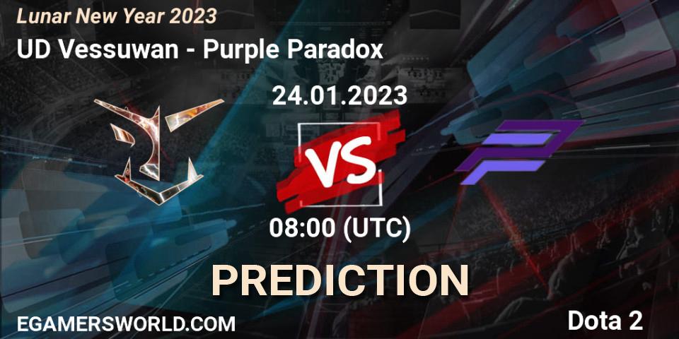 Prognose für das Spiel UD Vessuwan VS Purple Paradox. 24.01.23. Dota 2 - Lunar New Year 2023