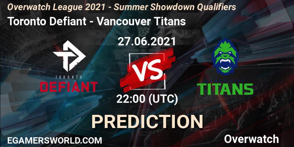 Prognose für das Spiel Toronto Defiant VS Vancouver Titans. 27.06.21. Overwatch - Overwatch League 2021 - Summer Showdown Qualifiers