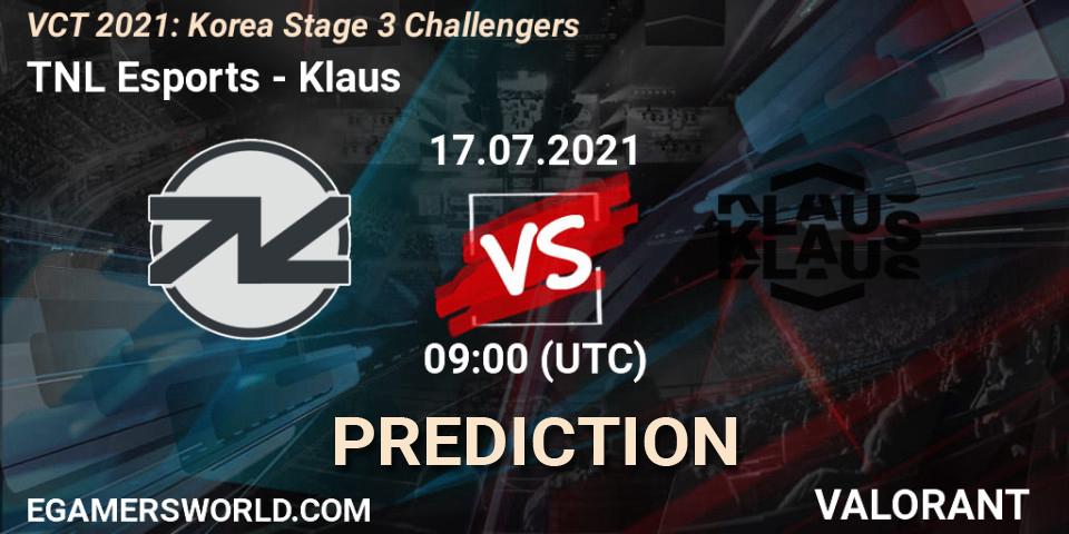 Prognose für das Spiel TNL Esports VS Klaus. 17.07.2021 at 09:00. VALORANT - VCT 2021: Korea Stage 3 Challengers