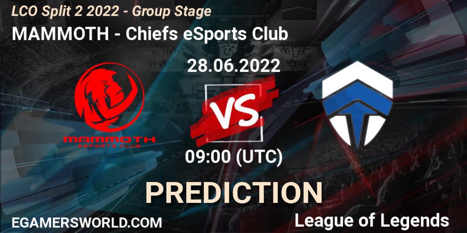 Prognose für das Spiel MAMMOTH VS Chiefs eSports Club. 28.06.2022 at 09:00. LoL - LCO Split 2 2022 - Group Stage