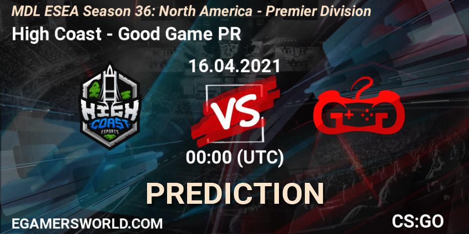 Prognose für das Spiel High Coast VS Good Game PR. 16.04.2021 at 00:00. Counter-Strike (CS2) - MDL ESEA Season 36: North America - Premier Division