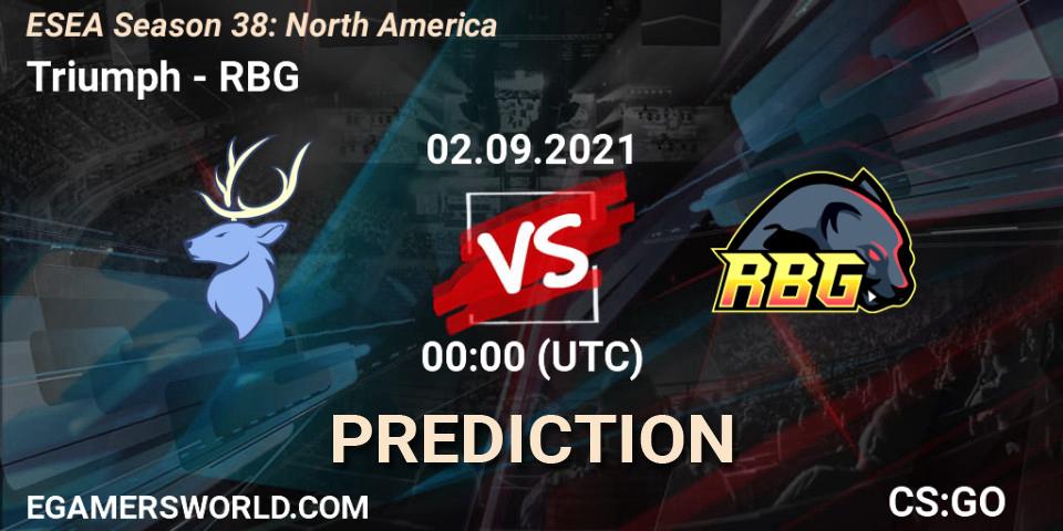 Prognose für das Spiel Triumph VS RBG. 02.09.2021 at 00:00. Counter-Strike (CS2) - ESEA Season 38: North America 