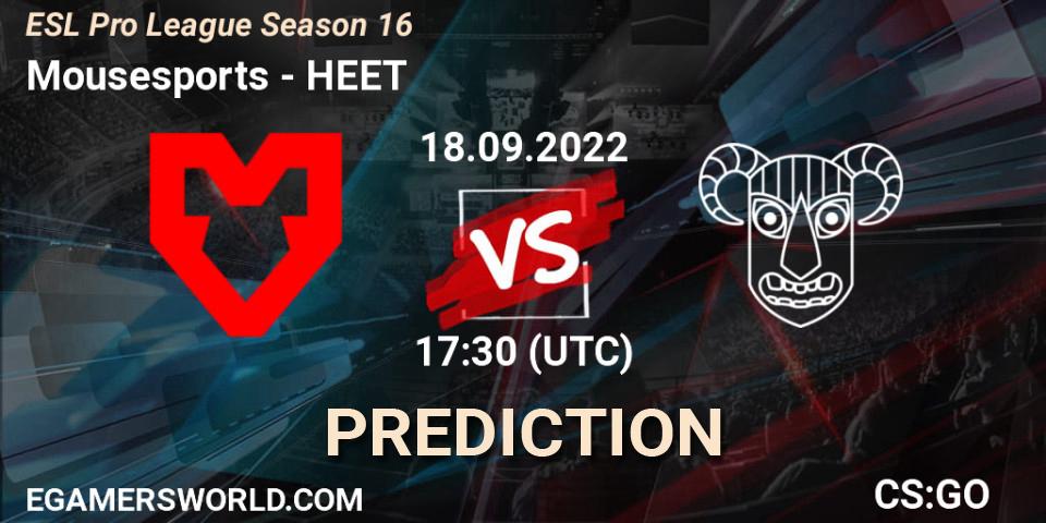 Prognose für das Spiel Mousesports VS HEET. 18.09.2022 at 17:30. Counter-Strike (CS2) - ESL Pro League Season 16