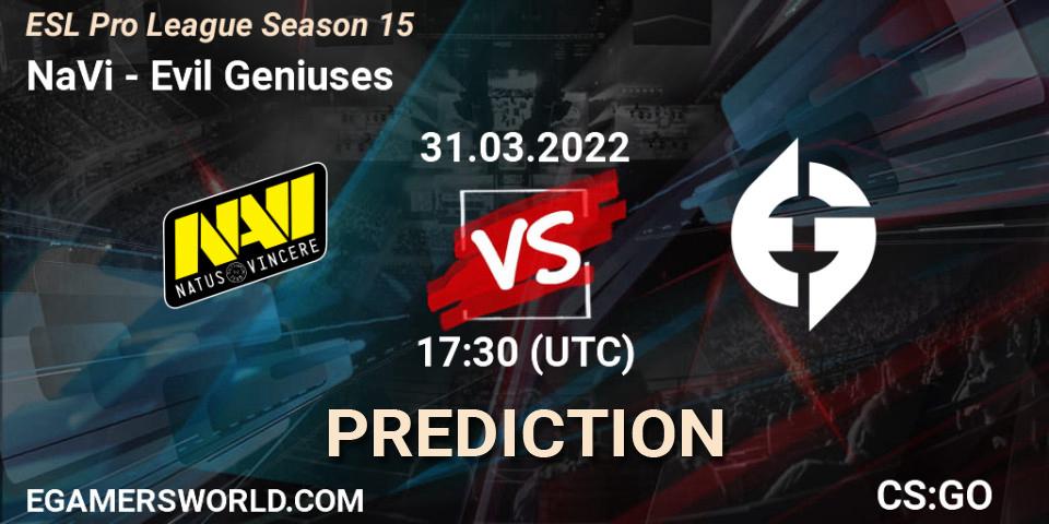 Prognose für das Spiel NaVi VS Evil Geniuses. 31.03.2022 at 18:55. Counter-Strike (CS2) - ESL Pro League Season 15