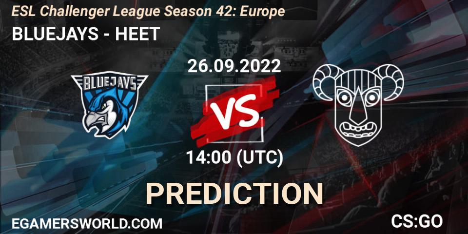 Prognose für das Spiel BLUEJAYS VS HEET. 26.09.2022 at 14:00. Counter-Strike (CS2) - ESL Challenger League Season 42: Europe