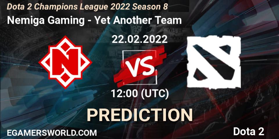 Prognose für das Spiel Nemiga Gaming VS Yet Another Team. 22.02.2022 at 12:00. Dota 2 - Dota 2 Champions League 2022 Season 8