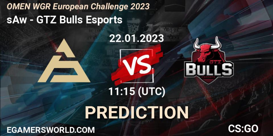 Prognose für das Spiel sAw VS GTZ Bulls Esports. 22.01.2023 at 11:45. Counter-Strike (CS2) - OMEN WGR European Challenge 2023