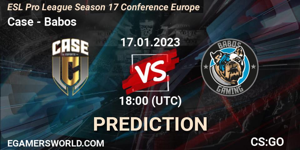 Prognose für das Spiel Case VS Babos. 17.01.2023 at 18:00. Counter-Strike (CS2) - ESL Pro League Season 17 Conference Europe