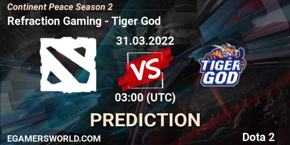 Prognose für das Spiel Refraction Gaming VS Tiger God. 31.03.2022 at 03:15. Dota 2 - Continent Peace Season 2 