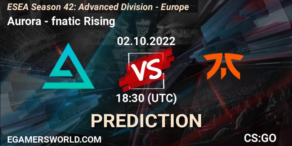 Prognose für das Spiel Aurora VS fnatic Rising. 03.10.2022 at 17:00. Counter-Strike (CS2) - ESEA Season 42: Advanced Division - Europe