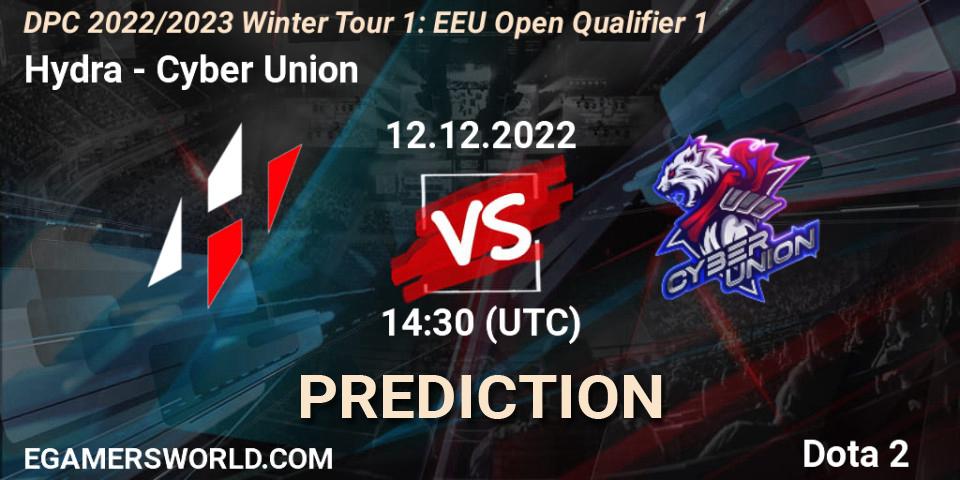 Prognose für das Spiel Hydra VS Cyber Union. 12.12.2022 at 14:29. Dota 2 - DPC 2022/2023 Winter Tour 1: EEU Open Qualifier 1