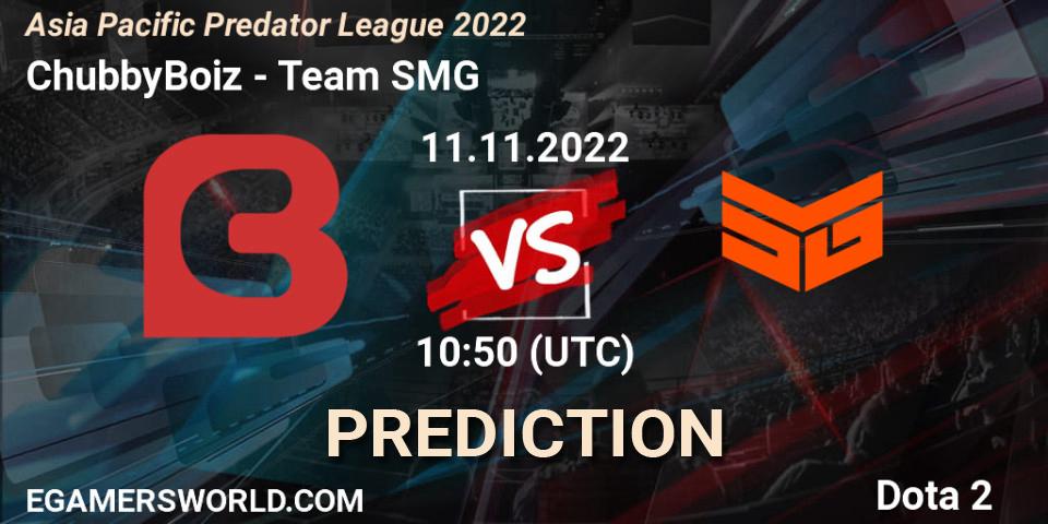 Prognose für das Spiel ChubbyBoiz VS Team SMG. 11.11.2022 at 10:49. Dota 2 - Asia Pacific Predator League 2022