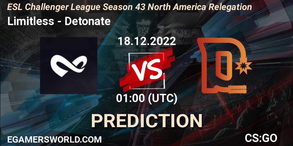 Prognose für das Spiel Limitless VS Detonate. 18.12.2022 at 01:00. Counter-Strike (CS2) - ESL Challenger League Season 43 North America Relegation