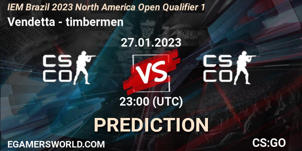 Prognose für das Spiel Vendetta VS timbermen. 27.01.2023 at 23:00. Counter-Strike (CS2) - IEM Brazil Rio 2023 North America Open Qualifier 1