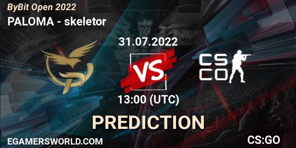 Prognose für das Spiel PALOMA VS skeletor. 31.07.2022 at 13:00. Counter-Strike (CS2) - Esportal Bybit Open 2022