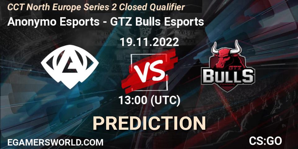 Prognose für das Spiel Anonymo Esports VS GTZ Bulls Esports. 19.11.22. CS2 (CS:GO) - CCT North Europe Series 2 Closed Qualifier