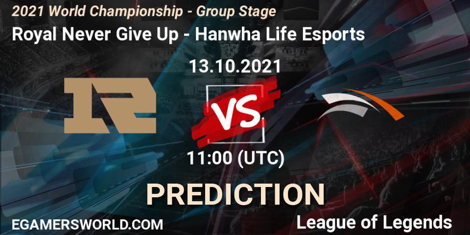 Prognose für das Spiel Royal Never Give Up VS Hanwha Life Esports. 17.10.2021 at 15:15. LoL - 2021 World Championship - Group Stage