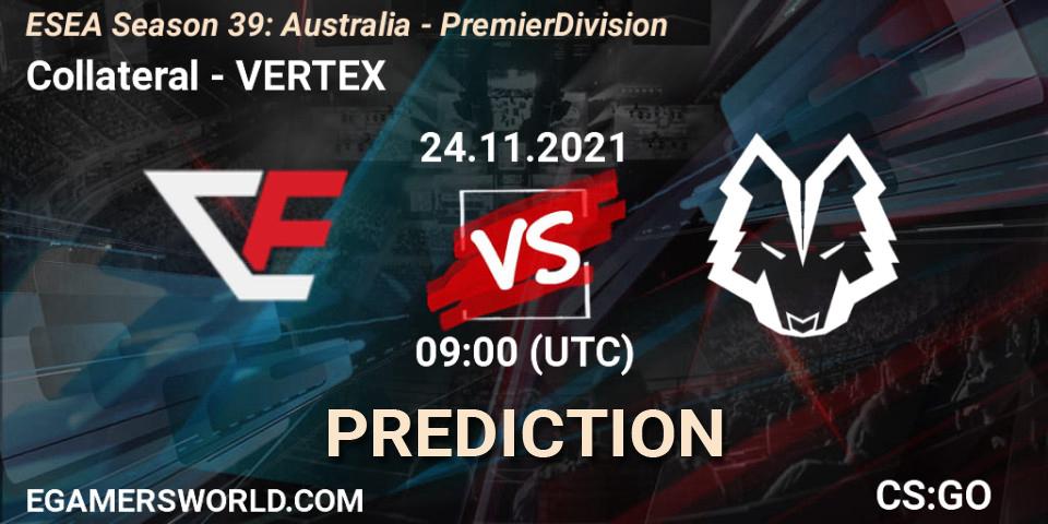 Prognose für das Spiel Collateral VS VERTEX. 24.11.2021 at 09:00. Counter-Strike (CS2) - ESEA Season 39: Australia - Premier Division