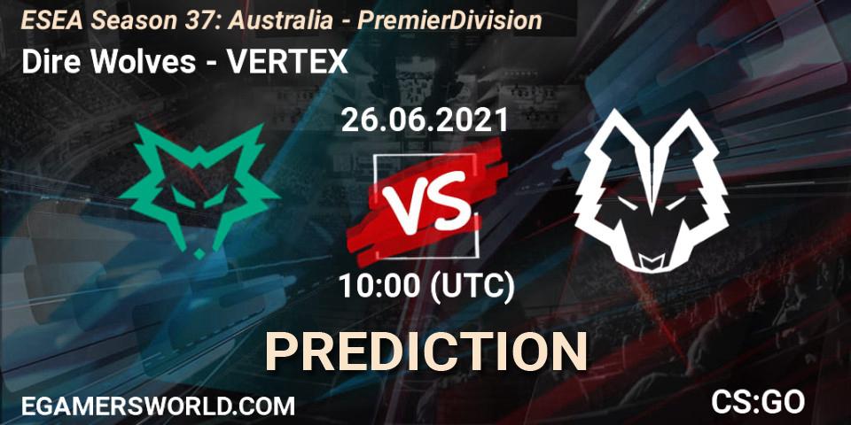 Prognose für das Spiel Dire Wolves VS VERTEX. 26.06.2021 at 10:00. Counter-Strike (CS2) - ESEA Season 37: Australia - Premier Division