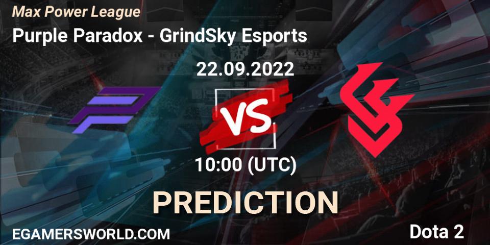 Prognose für das Spiel Purple Paradox VS GrindSky Esports. 22.09.2022 at 10:42. Dota 2 - Max Power League