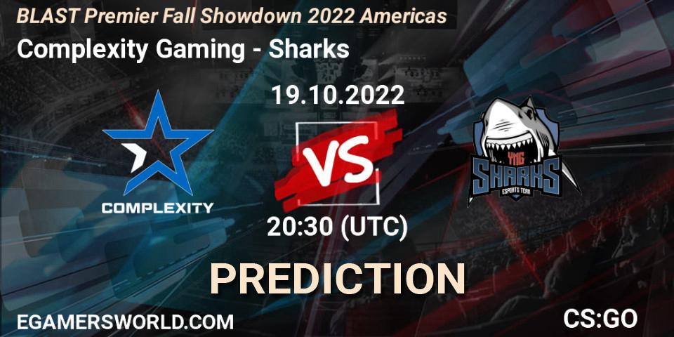 Prognose für das Spiel Complexity Gaming VS Sharks. 19.10.2022 at 22:00. Counter-Strike (CS2) - BLAST Premier Fall Showdown 2022 Americas