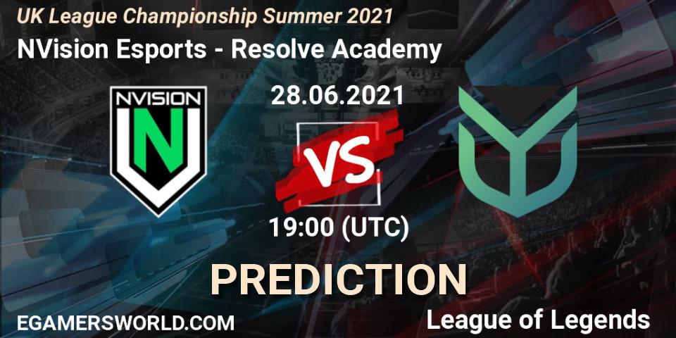 Prognose für das Spiel NVision Esports VS Resolve Academy. 28.06.2021 at 19:00. LoL - UK League Championship Summer 2021