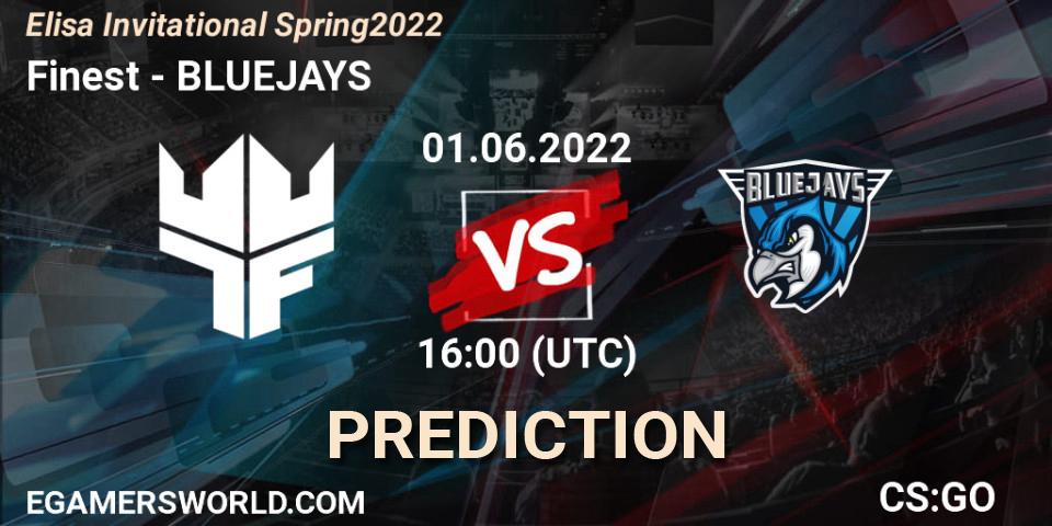 Prognose für das Spiel Finest VS BLUEJAYS. 01.06.2022 at 16:40. Counter-Strike (CS2) - Elisa Invitational Spring 2022