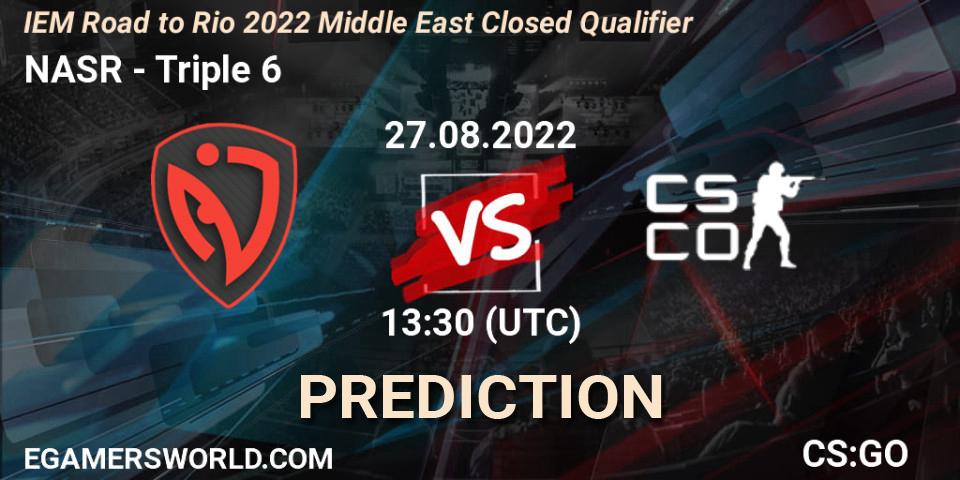 Prognose für das Spiel NASR VS Triple 6. 27.08.2022 at 13:30. Counter-Strike (CS2) - IEM Road to Rio 2022 Middle East Closed Qualifier