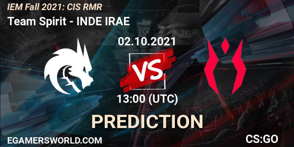 Prognose für das Spiel Team Spirit VS INDE IRAE. 02.10.2021 at 13:00. Counter-Strike (CS2) - IEM Fall 2021: CIS RMR