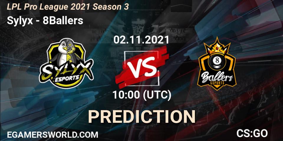 Prognose für das Spiel Sylyx VS 8Ballers. 02.11.2021 at 10:00. Counter-Strike (CS2) - LPL Pro League 2021 Season 3