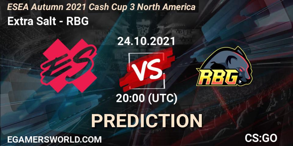 Prognose für das Spiel Extra Salt VS RBG. 24.10.2021 at 20:10. Counter-Strike (CS2) - ESEA Cash Cup: North America - Autumn 2021 #3