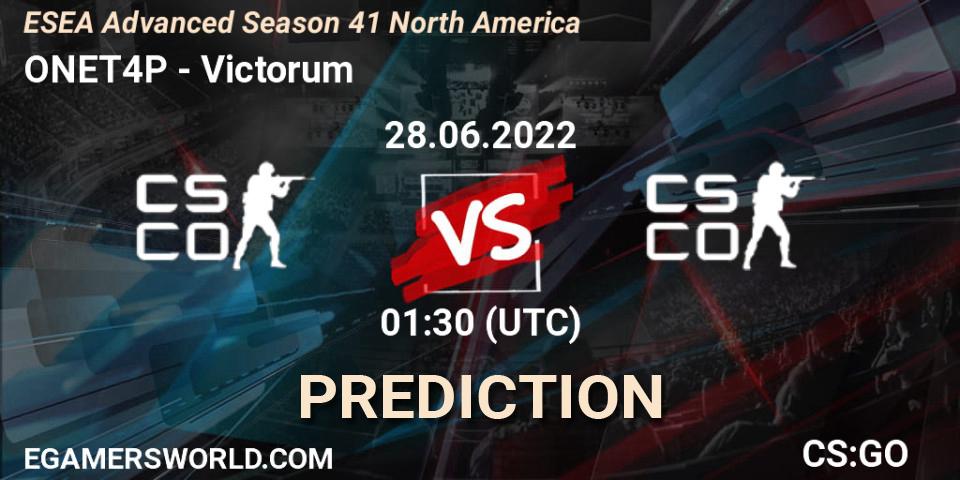 Prognose für das Spiel ONET4P VS Victorum. 28.06.2022 at 00:00. Counter-Strike (CS2) - ESEA Advanced Season 41 North America