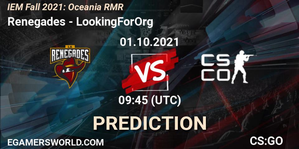 Prognose für das Spiel Renegades VS LookingForOrg (ex-Dire Wolves). 01.10.2021 at 09:45. Counter-Strike (CS2) - IEM Fall 2021: Oceania RMR