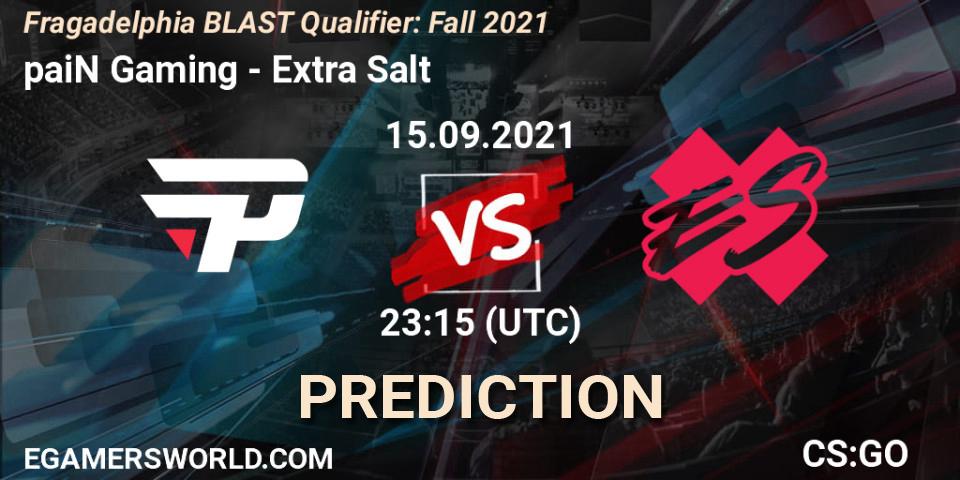 Prognose für das Spiel paiN Gaming VS Extra Salt. 15.09.2021 at 23:15. Counter-Strike (CS2) - Fragadelphia BLAST Qualifier: Fall 2021