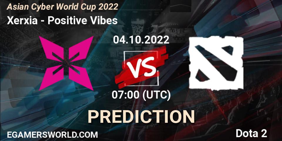 Prognose für das Spiel Xerxia VS Positive Vibes. 04.10.2022 at 07:06. Dota 2 - Asian Cyber World Cup 2022