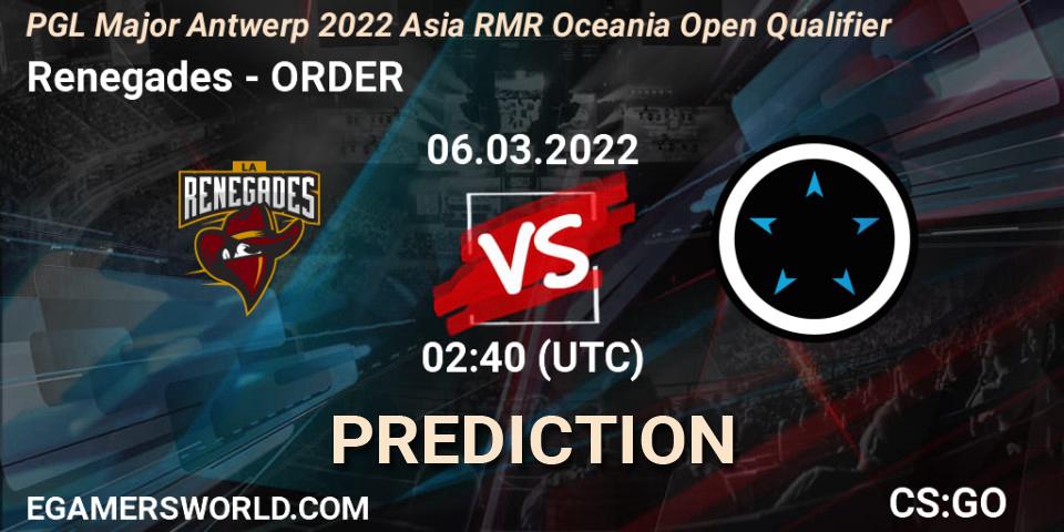 Prognose für das Spiel Renegades VS ORDER. 06.03.2022 at 02:40. Counter-Strike (CS2) - PGL Major Antwerp 2022 Asia RMR Oceania Open Qualifier