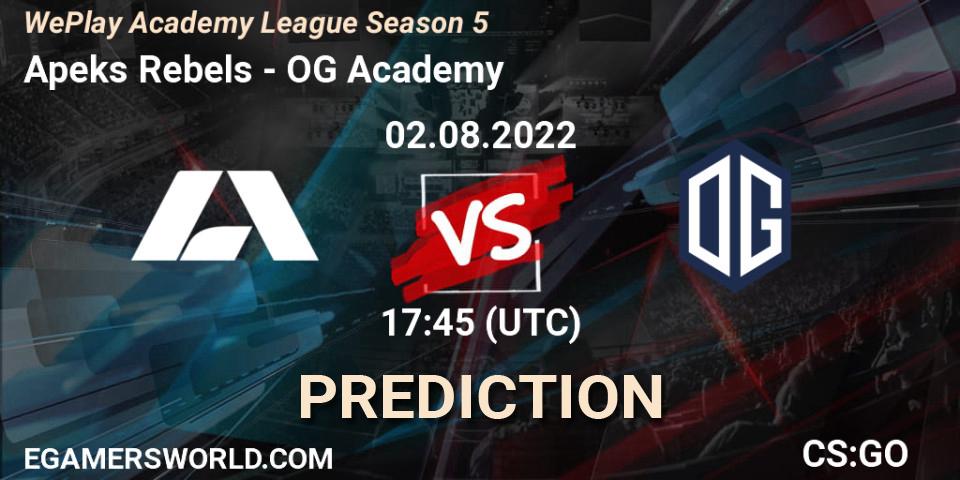 Prognose für das Spiel Apeks Rebels VS OG Academy. 02.08.2022 at 17:20. Counter-Strike (CS2) - WePlay Academy League Season 5