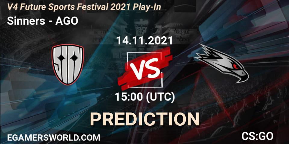 Prognose für das Spiel Sinners VS AGO. 14.11.2021 at 16:45. Counter-Strike (CS2) - V4 Future Sports Festival 2021 Play-In
