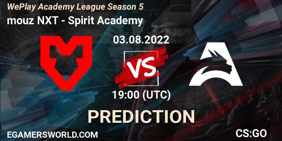 Prognose für das Spiel mouz NXT VS Spirit Academy. 03.08.2022 at 19:00. Counter-Strike (CS2) - WePlay Academy League Season 5