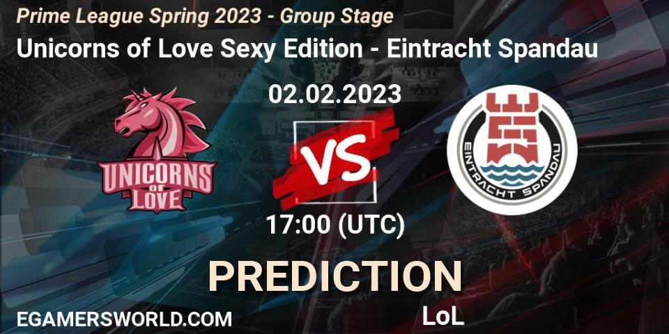 Prognose für das Spiel Unicorns of Love Sexy Edition VS Eintracht Spandau. 02.02.2023 at 21:00. LoL - Prime League Spring 2023 - Group Stage