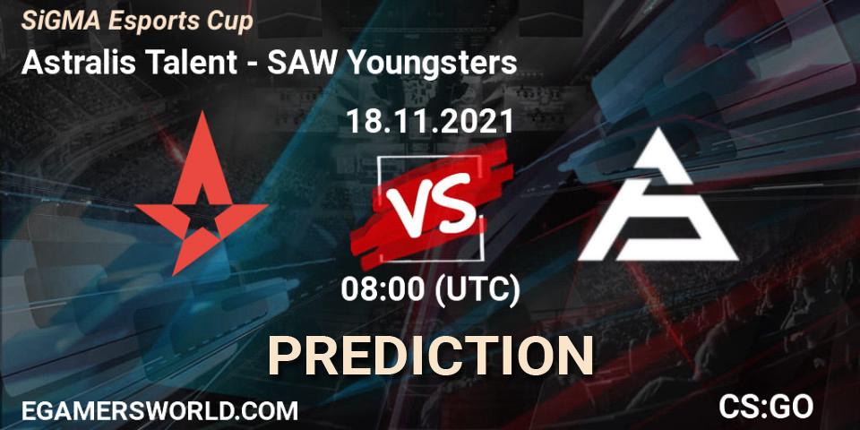 Prognose für das Spiel Astralis Talent VS SAW Youngsters. 18.11.2021 at 08:00. Counter-Strike (CS2) - SiGMA Esports Cup