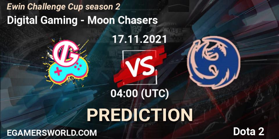 Prognose für das Spiel Digital Gaming VS Moon Chasers. 17.11.2021 at 04:12. Dota 2 - Ewin Challenge Cup season 2