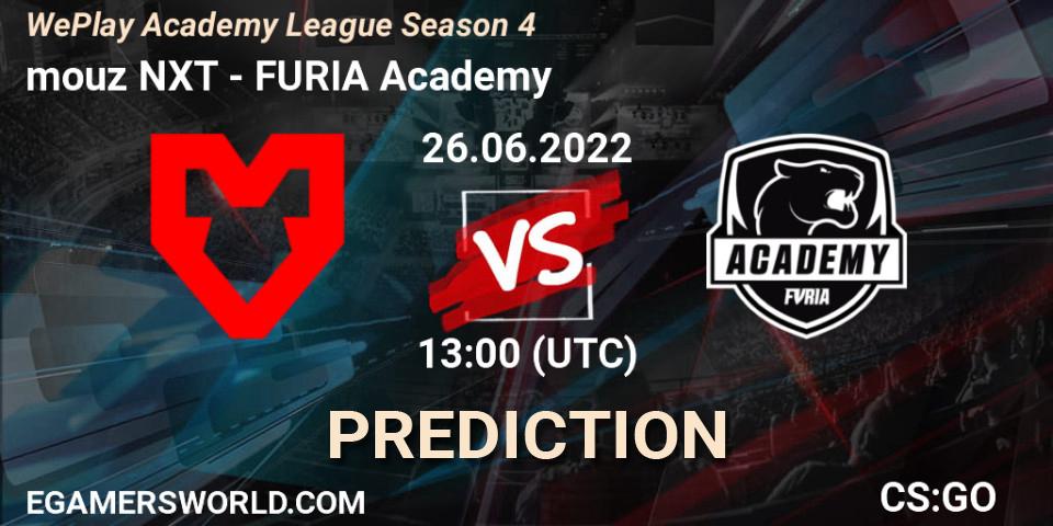 Prognose für das Spiel mouz NXT VS FURIA Academy. 26.06.2022 at 13:00. Counter-Strike (CS2) - WePlay Academy League Season 4