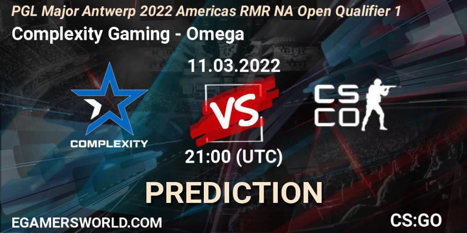 Prognose für das Spiel Complexity Gaming VS Omega. 11.03.2022 at 21:05. Counter-Strike (CS2) - PGL Major Antwerp 2022 Americas RMR NA Open Qualifier 1
