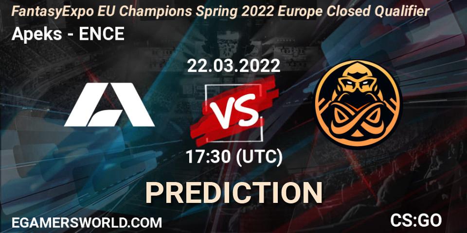 Prognose für das Spiel Apeks VS ENCE. 22.03.2022 at 17:30. Counter-Strike (CS2) - FantasyExpo EU Champions Spring 2022 Europe Closed Qualifier