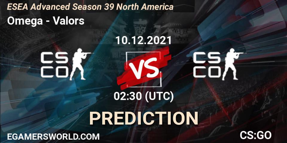 Prognose für das Spiel Omega VS Valors. 10.12.2021 at 02:00. Counter-Strike (CS2) - ESEA Advanced Season 39 North America