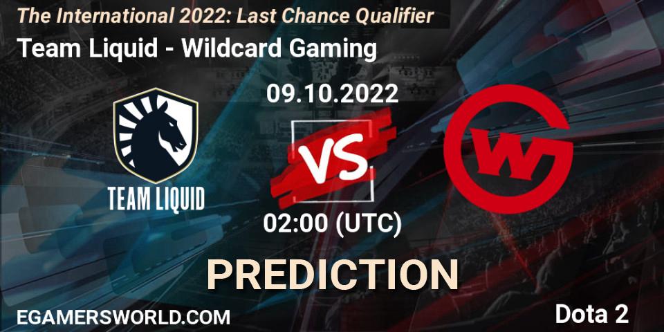 Prognose für das Spiel Team Liquid VS Wildcard Gaming. 09.10.2022 at 02:01. Dota 2 - The International 2022: Last Chance Qualifier
