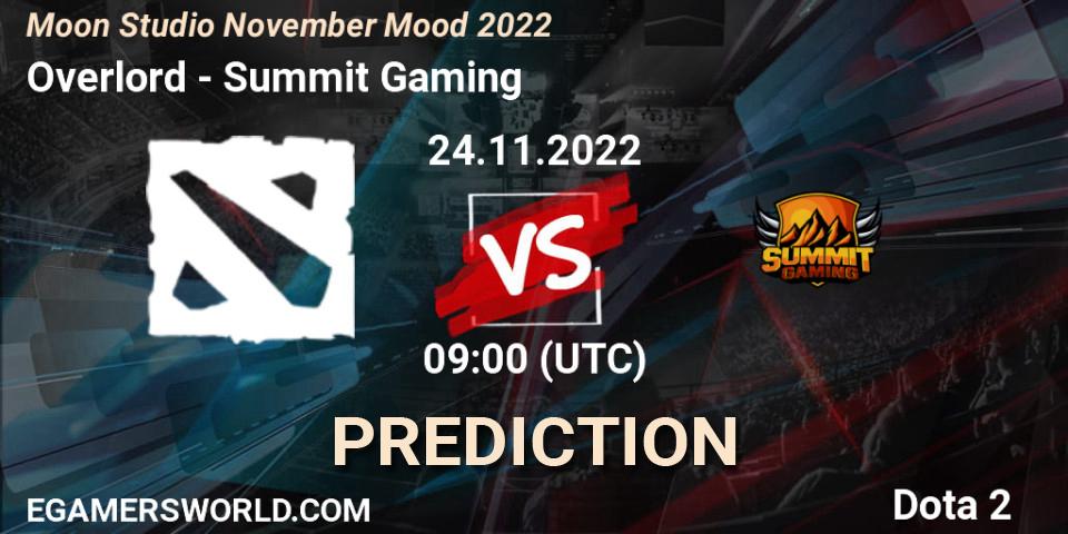 Prognose für das Spiel Overlord VS Summit Gaming. 24.11.2022 at 09:06. Dota 2 - Moon Studio November Mood 2022