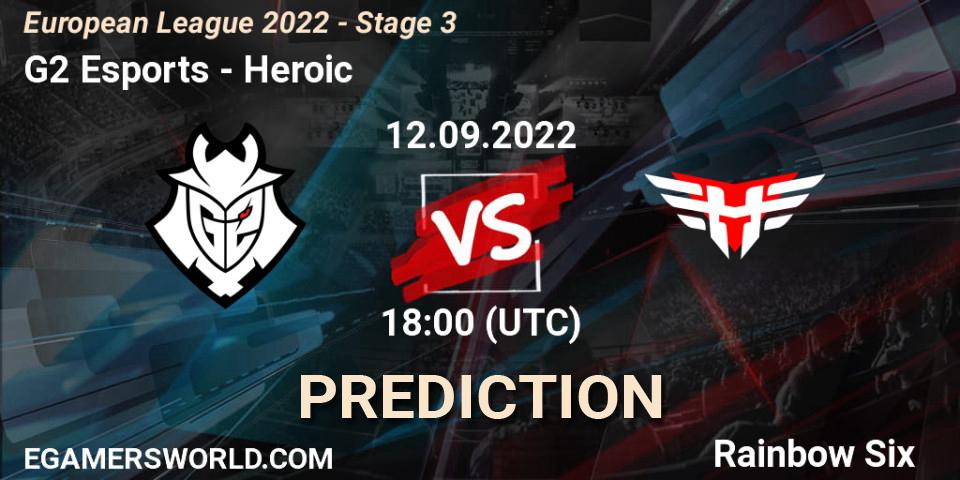 Prognose für das Spiel G2 Esports VS Heroic. 12.09.2022 at 18:30. Rainbow Six - European League 2022 - Stage 3