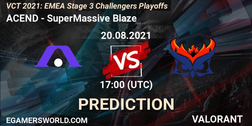 Prognose für das Spiel ACEND VS SuperMassive Blaze. 20.08.2021 at 18:25. VALORANT - VCT 2021: EMEA Stage 3 Challengers Playoffs